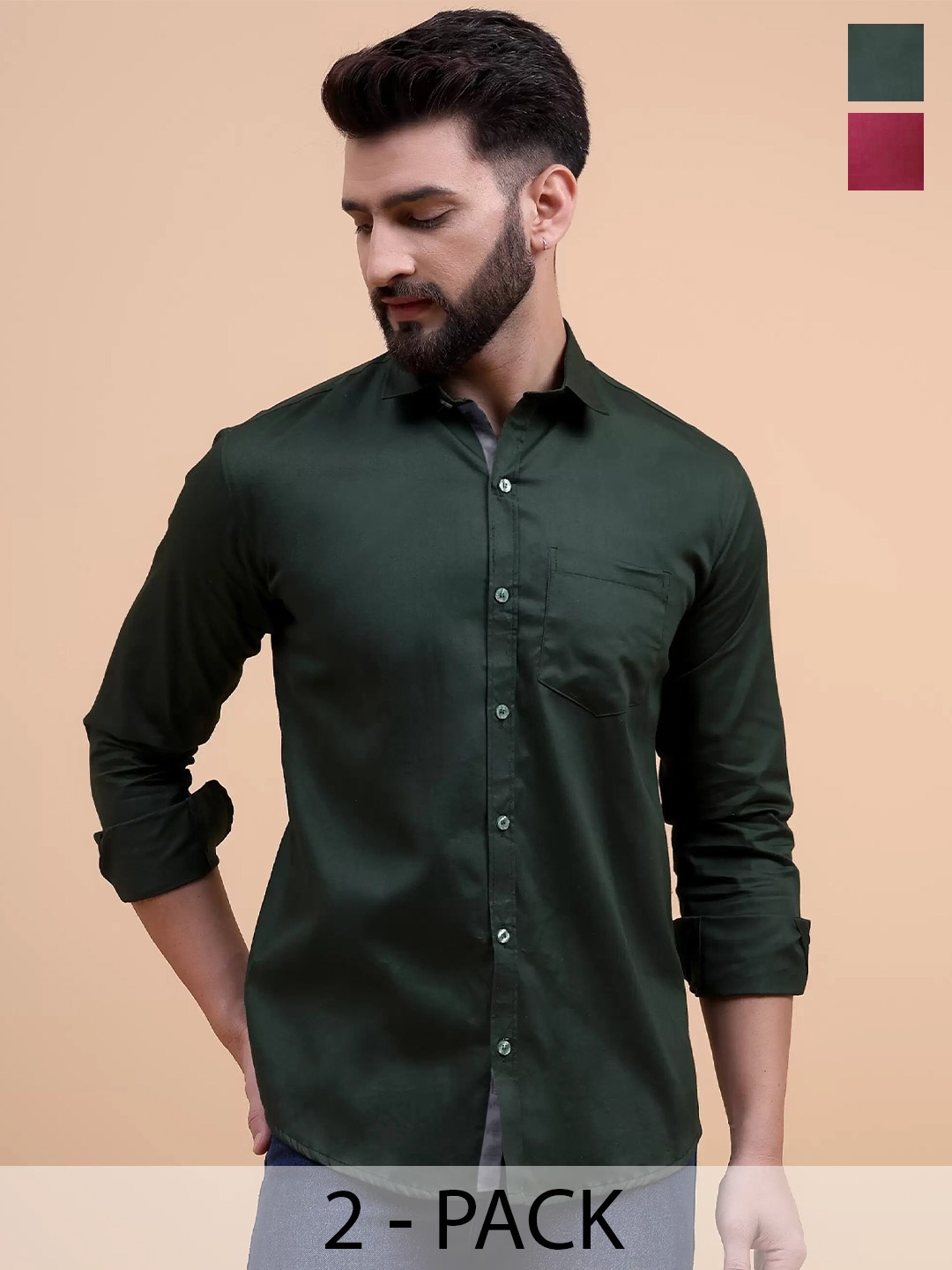 

Tee Projekt Pack of 2 Spread Collar Long Sleeves Regular Fit Standard Cotton Formal Shirt, Green