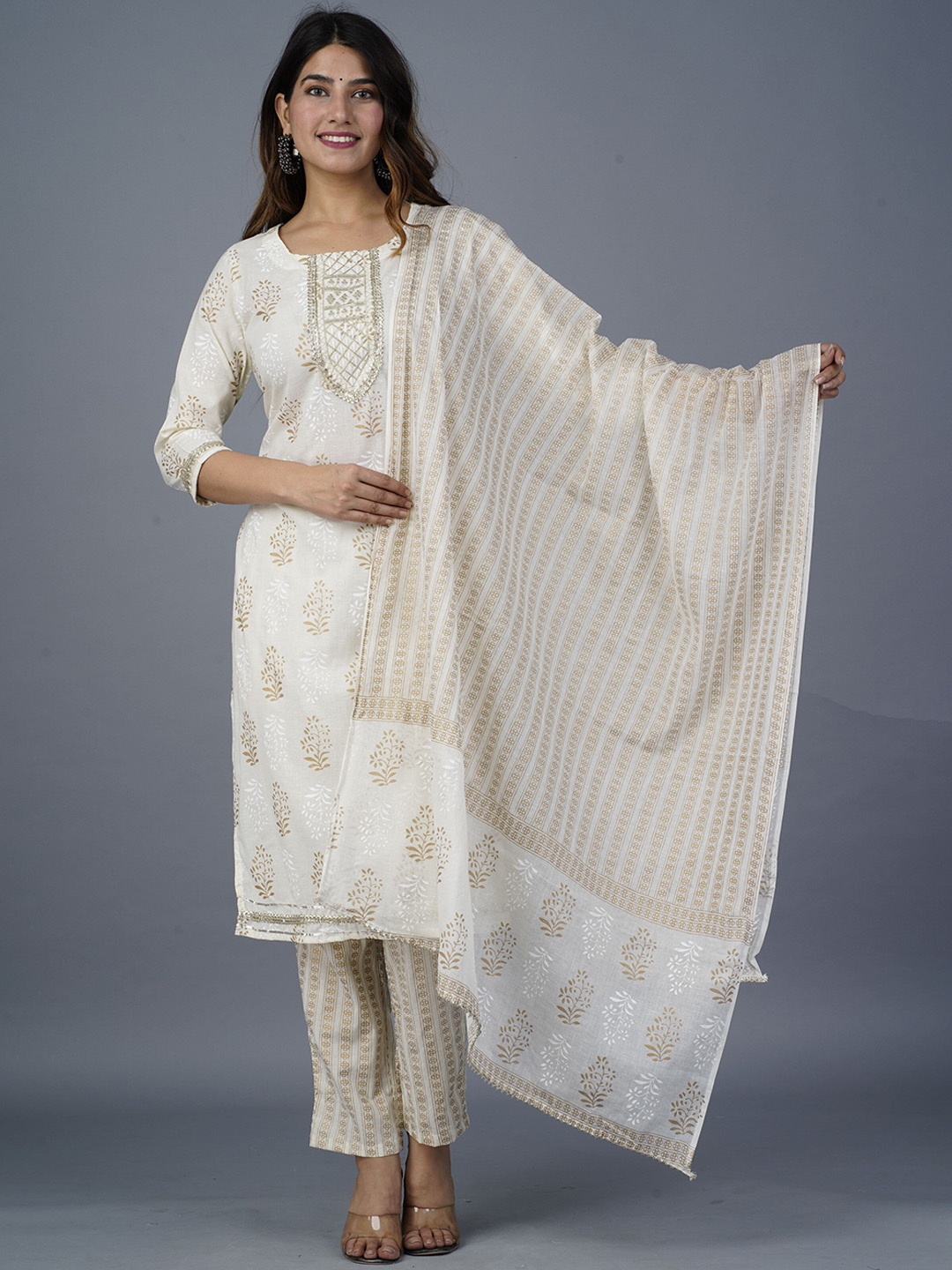 

KALINI Ethnic Motifs Printed Regular Kurta with Trousers & Dupatta, White