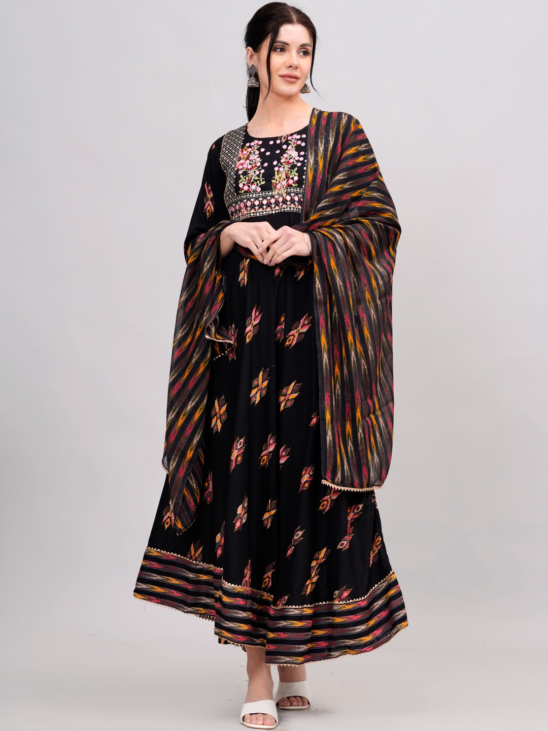 

KALINI Ethnic Motifs Embroidered A-Line Mirror Work Kurta with Trousers & Dupatta, Black