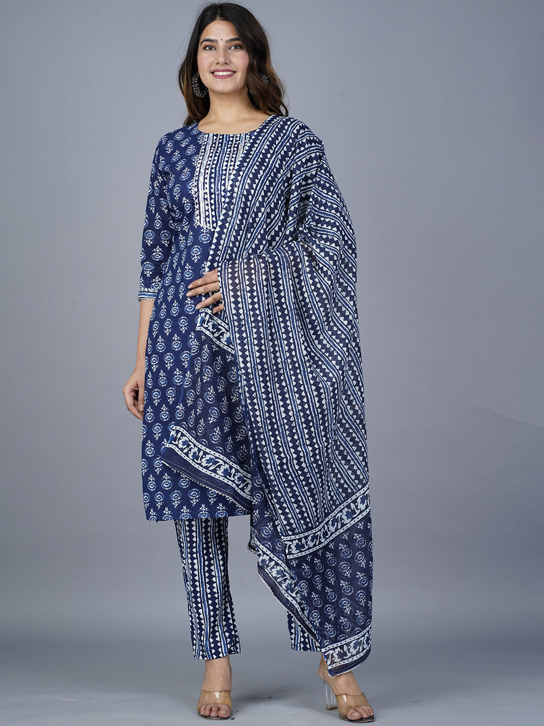 

KALINI Ethnic Motifs Printed Straight Kurta with Trousers & Dupatta, Blue