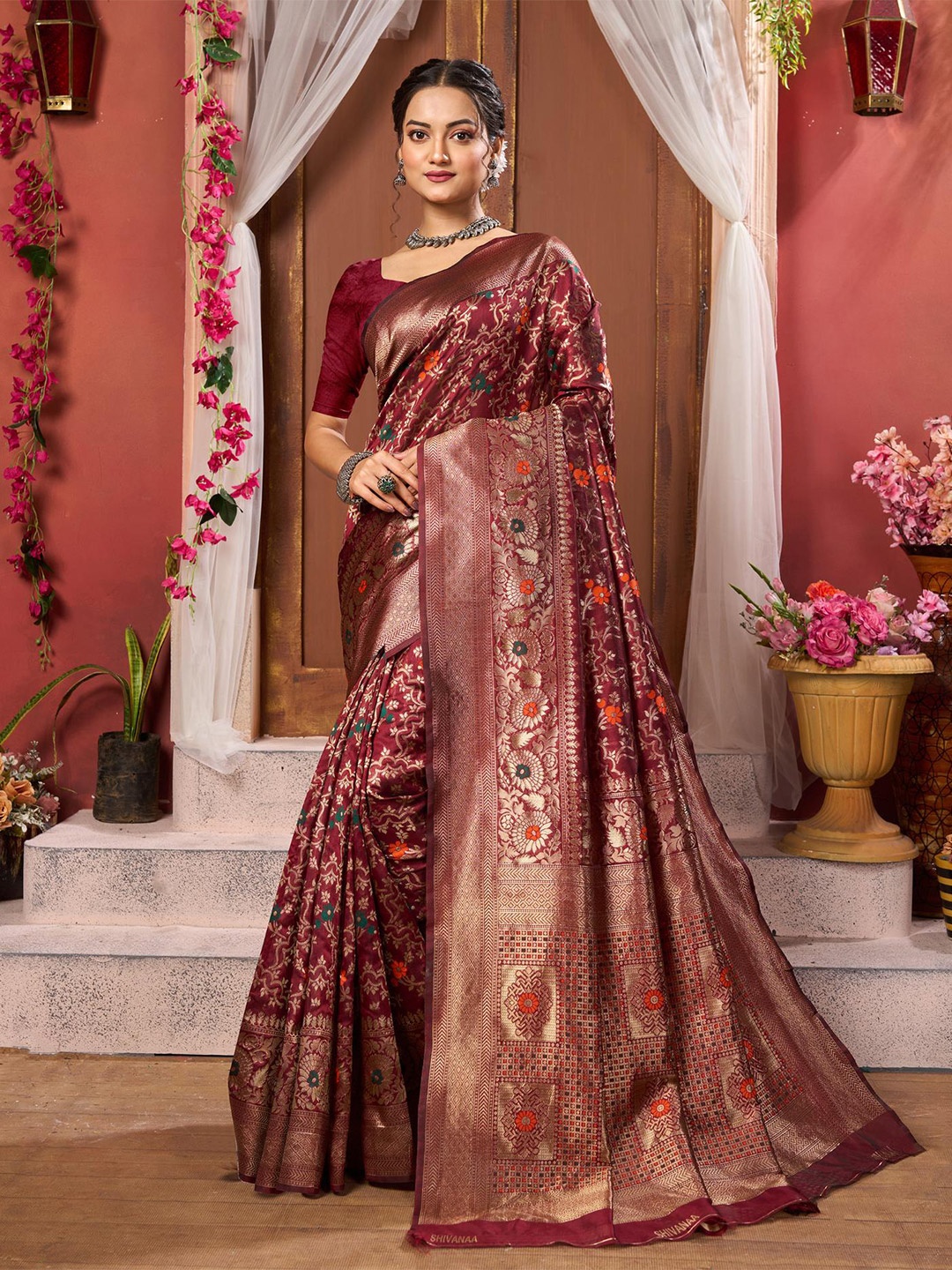 

KALINI Woven Design Zari Pure Silk Banarasi Saree, Maroon