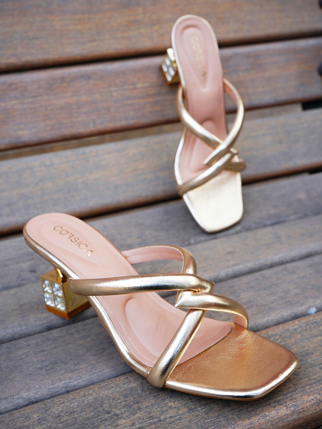 

CORSICA Open Toe Block Heels, Gold