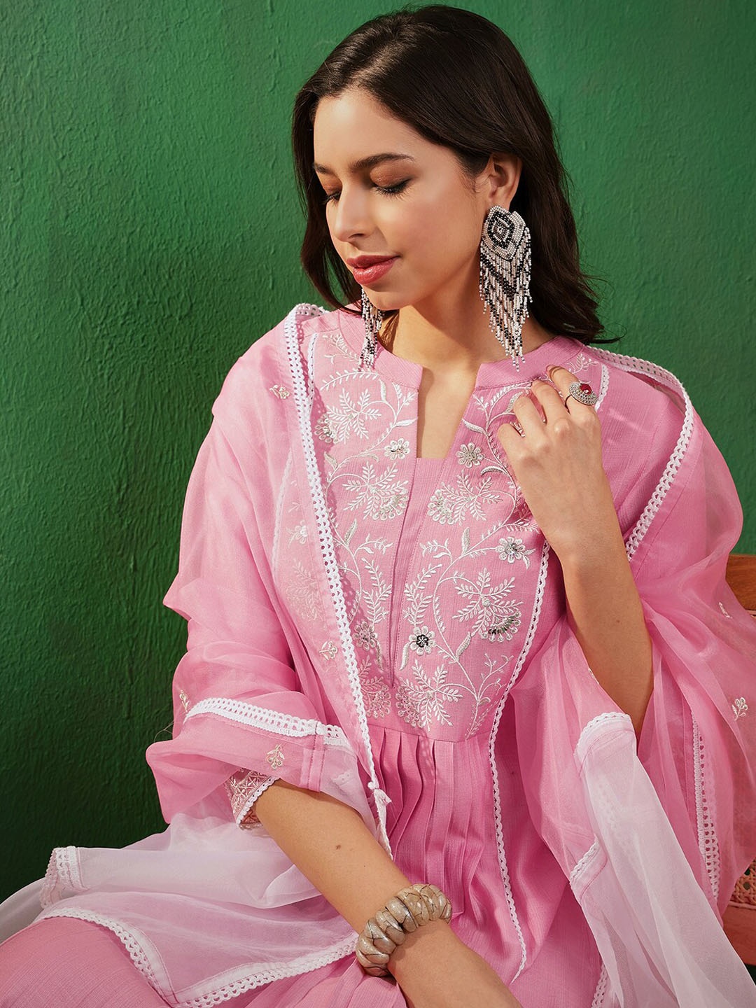 

Sangria Embroidered Sequined A-Line Kurta With Trouser & Dupatta, Pink