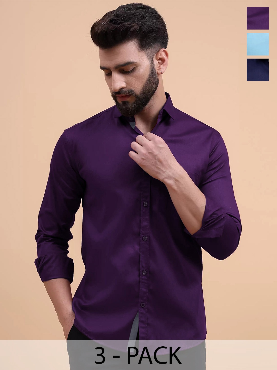 

Tee Projekt Pack Of 3 Long Sleeves Regular Fit Cotton Standard Opaque Formal Shirt, Purple