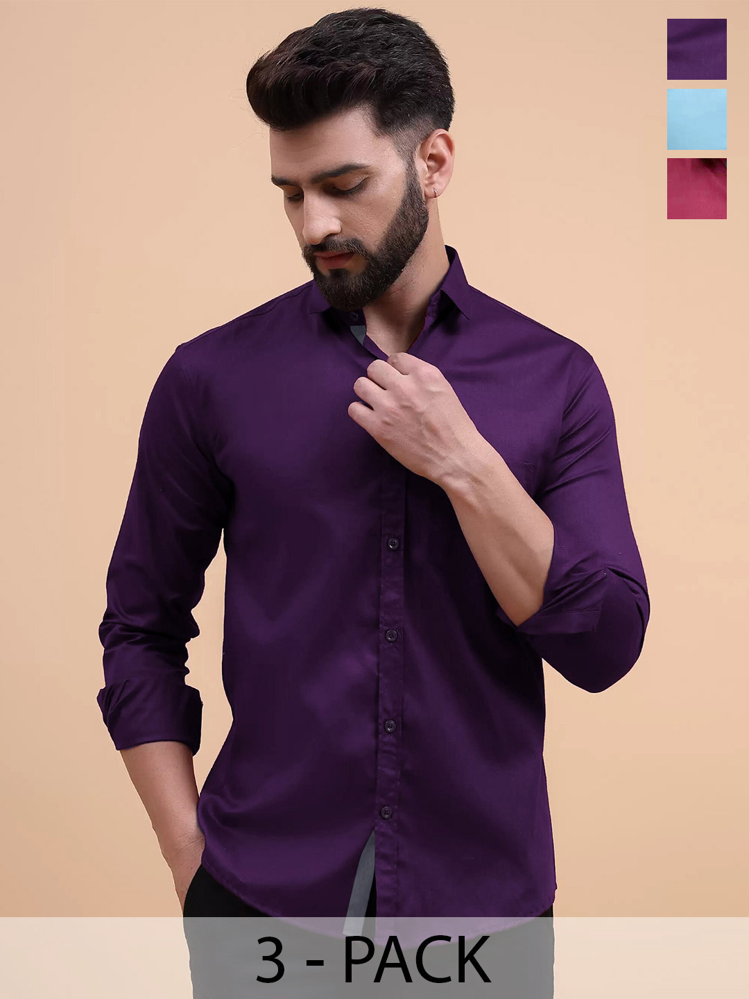 

Tee Projekt Pack of Spread Collar Long Sleeves Regular Fit Standard Cotton Formal Shirt, Purple