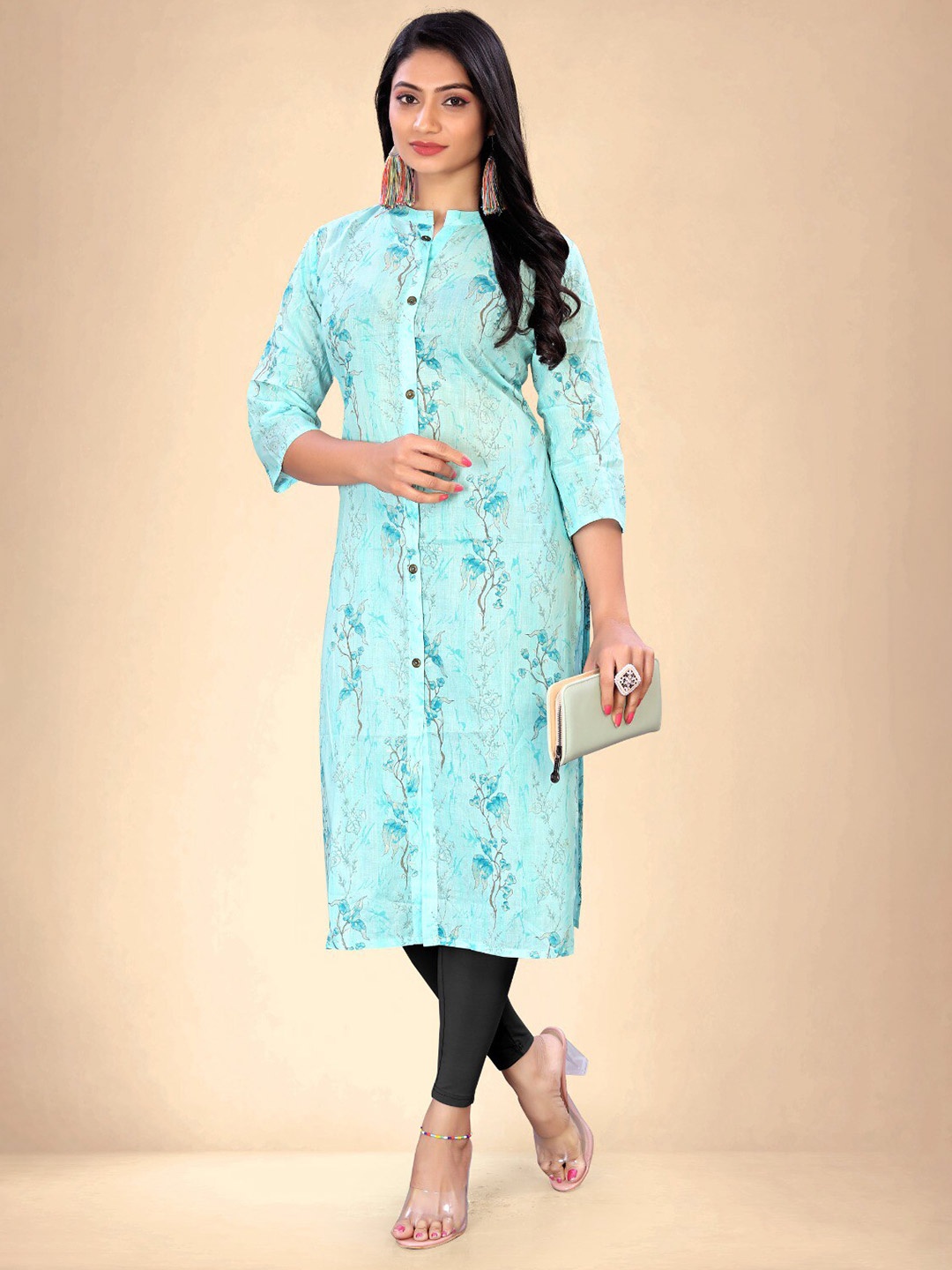 

Abhilasha Floral Printed Mandarin Collar Pure Cotton Straight Kurta, Turquoise blue