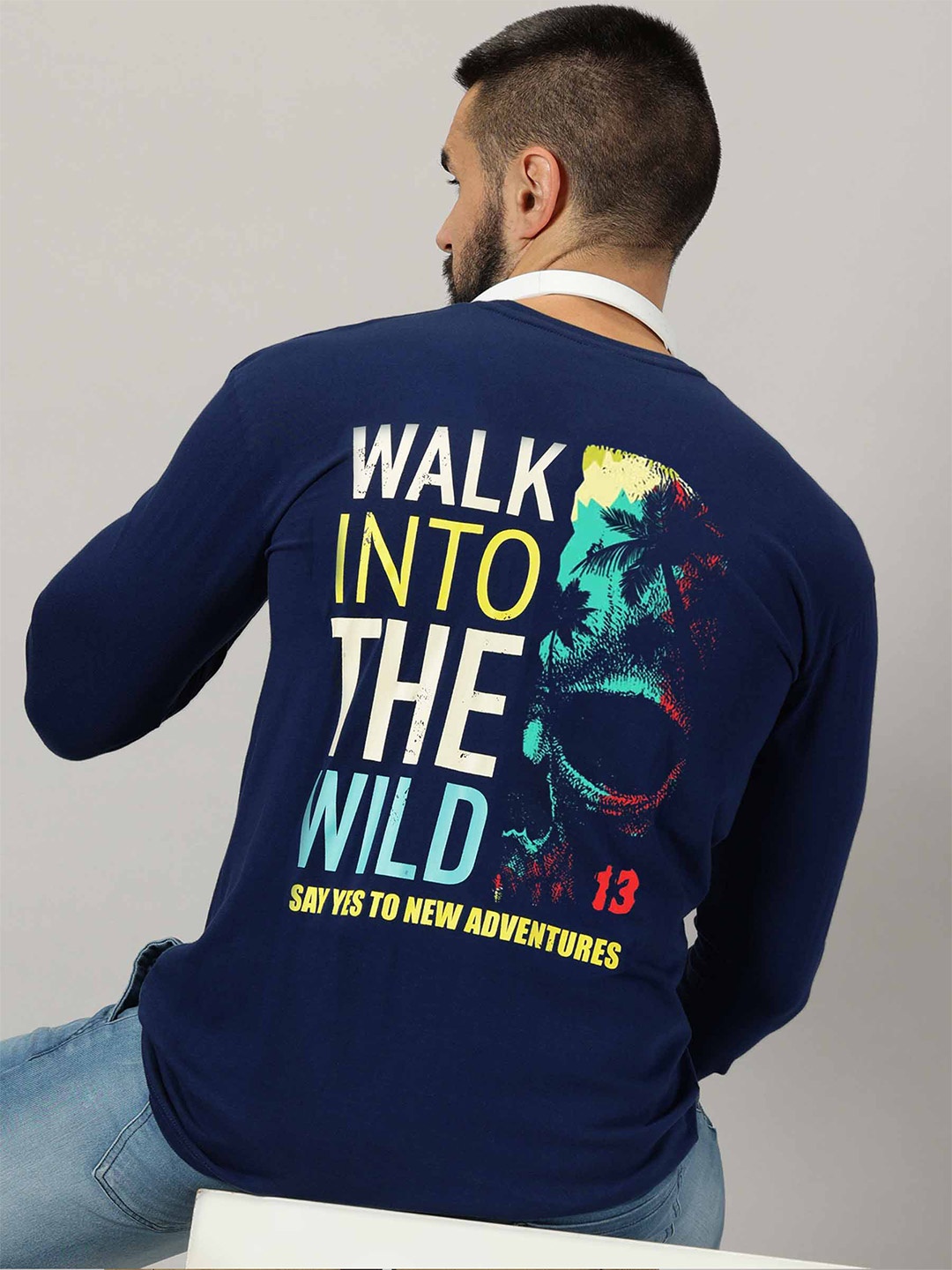 

AUSK Graphic Printed Regular Fit Drop-Shoulder Sleeves T-shirt, Navy blue
