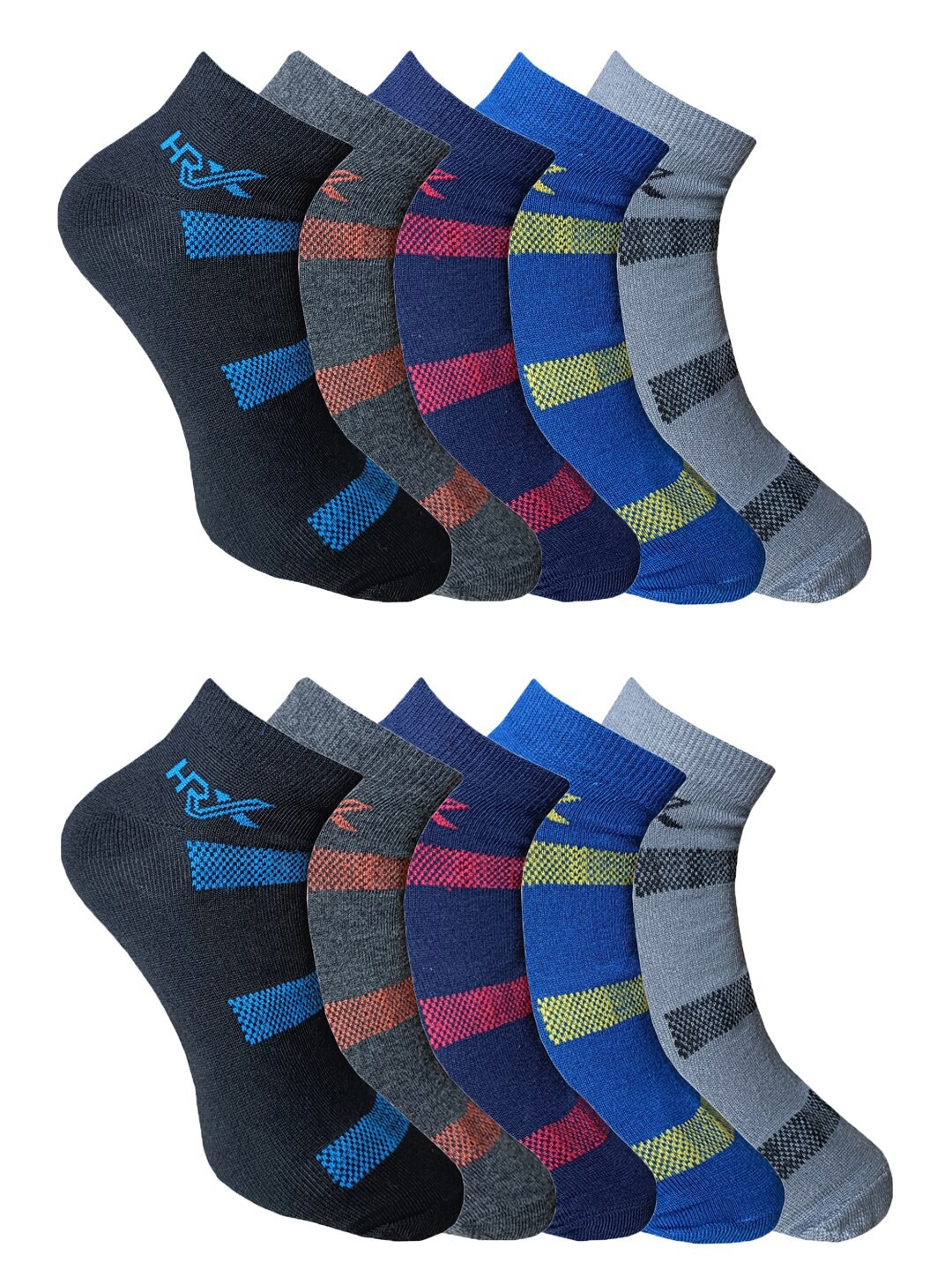 

HRX by Hrithik Roshan Men Pack of 10 Striped Ankle Length Socks, Blue