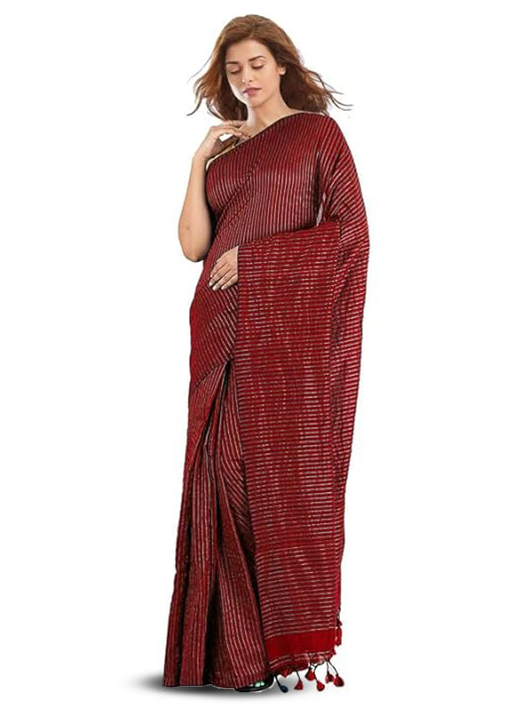 

INDIA SILK PWCS LTD Striped Zari Art Silk Bhagalpuri Saree, Maroon