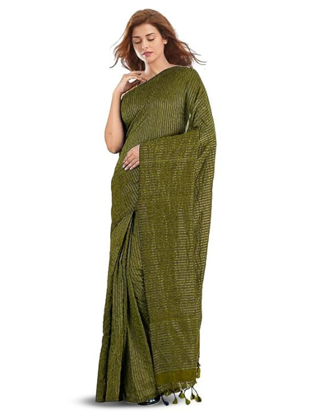

INDIA SILK PWCS LTD Striped Zari Art Silk Bhagalpuri Saree, Olive