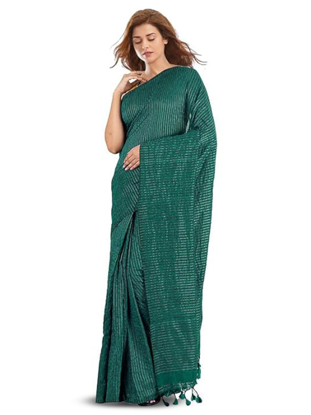 

INDIA SILK PWCS LTD Striped Zari Art Silk Bhagalpuri Saree, Green