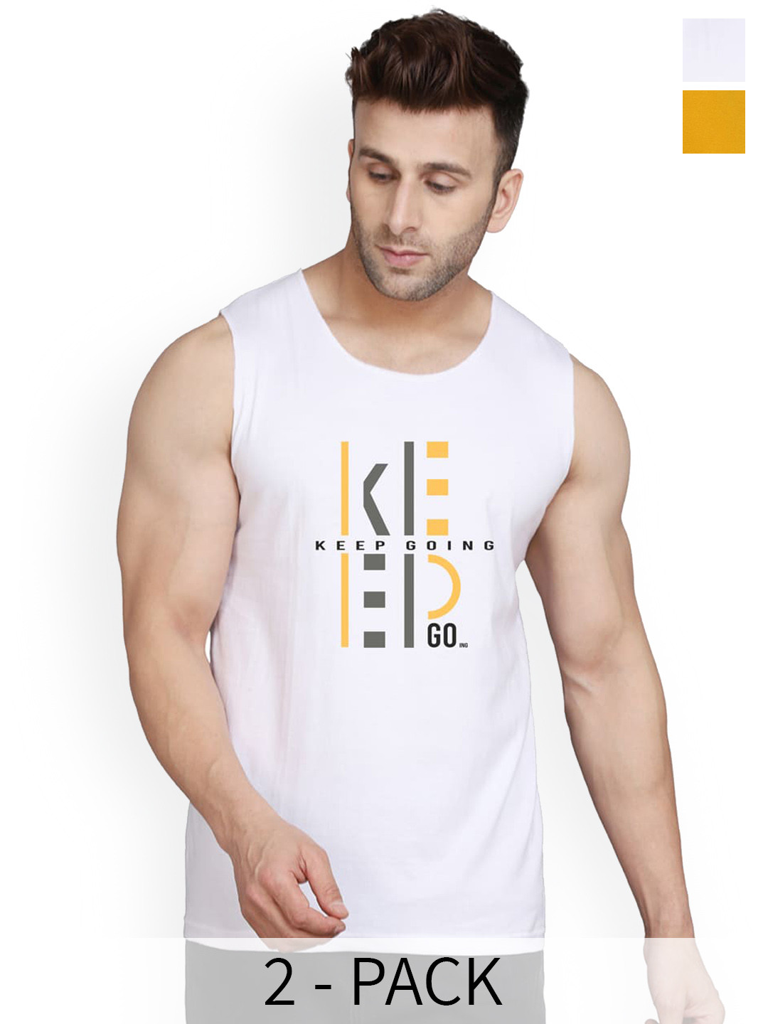 

SLOWLORIS Pack Of 2 Printed Bio-Wash Gym Vests SL26 (WHITE KEEP) (MUSTARD ADV)
