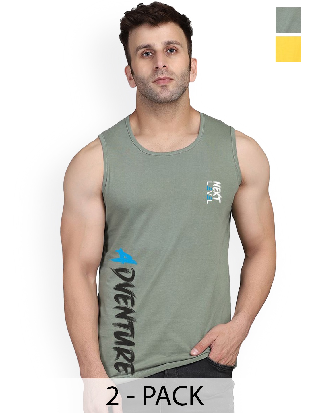 

SLOWLORIS Pack Of 2 Sleeveless Innerwear Vests SL26 (YELLOW KEEP) (LGTGREEN ADV)