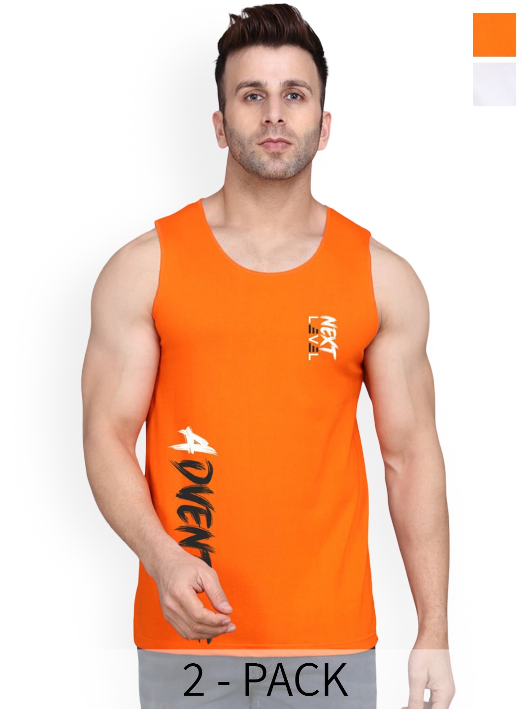 

SLOWLORIS Pack Of 2 Printed Gym Innerwear Vests SL26 (WHITE KEEP) (ORANGE ADV)