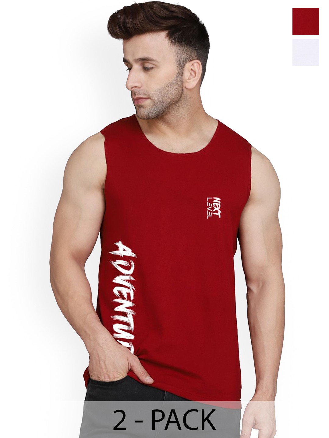 

SLOWLORIS Pack Of 2 Printed Gym Innerwear Vests SL26 (WHITE KEEP) (MAROON ADV)