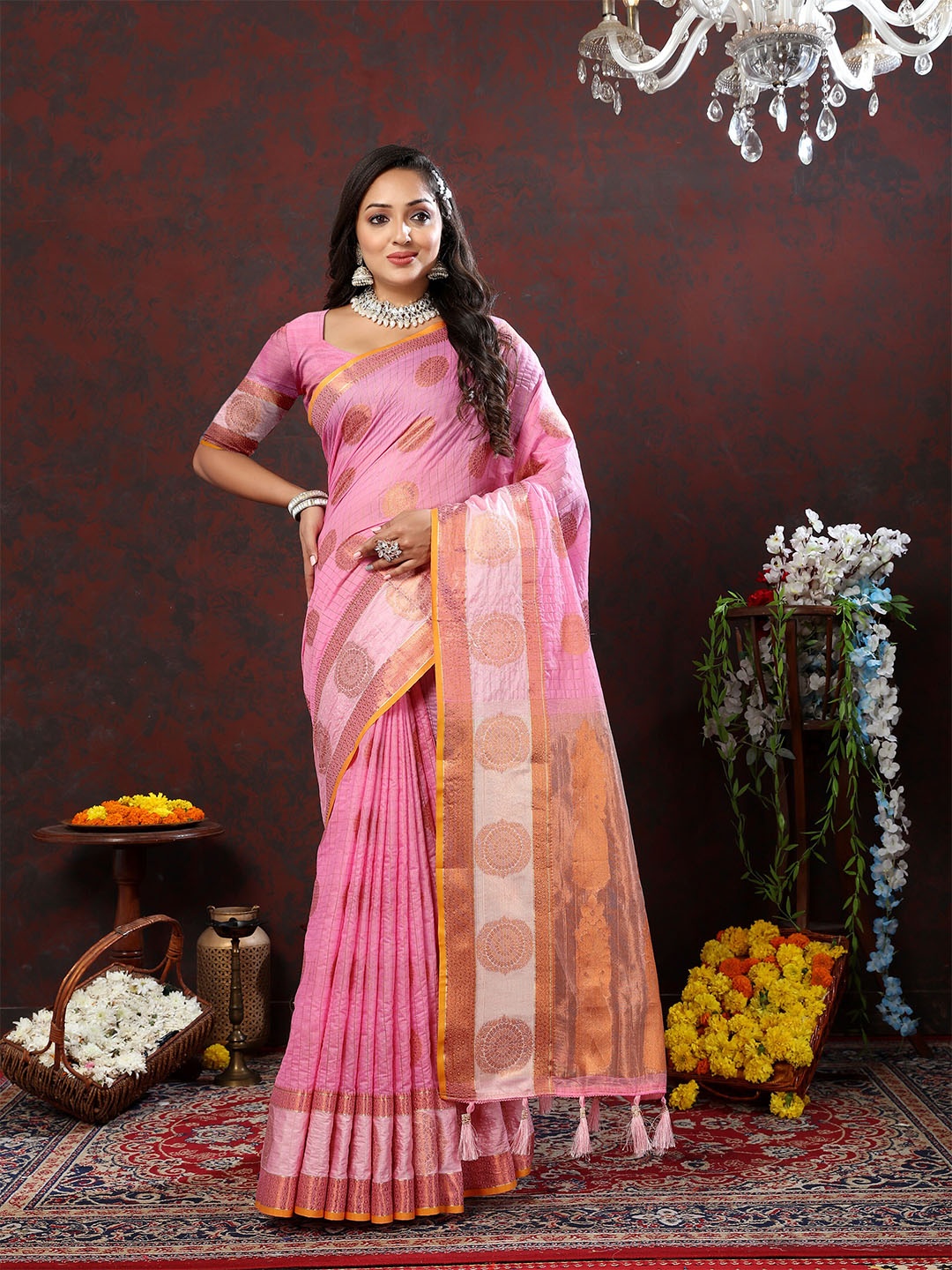 

YAVIRA SILK Ethnic Motifs Woven Design Zari Art Silk Tussar Saree, Pink