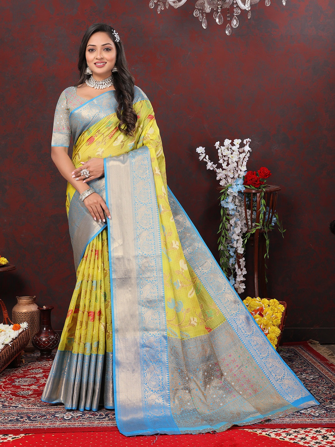 

YAVIRA SILK Ethnic Motifs Woven Design Zari Art Silk Kota Saree, Yellow