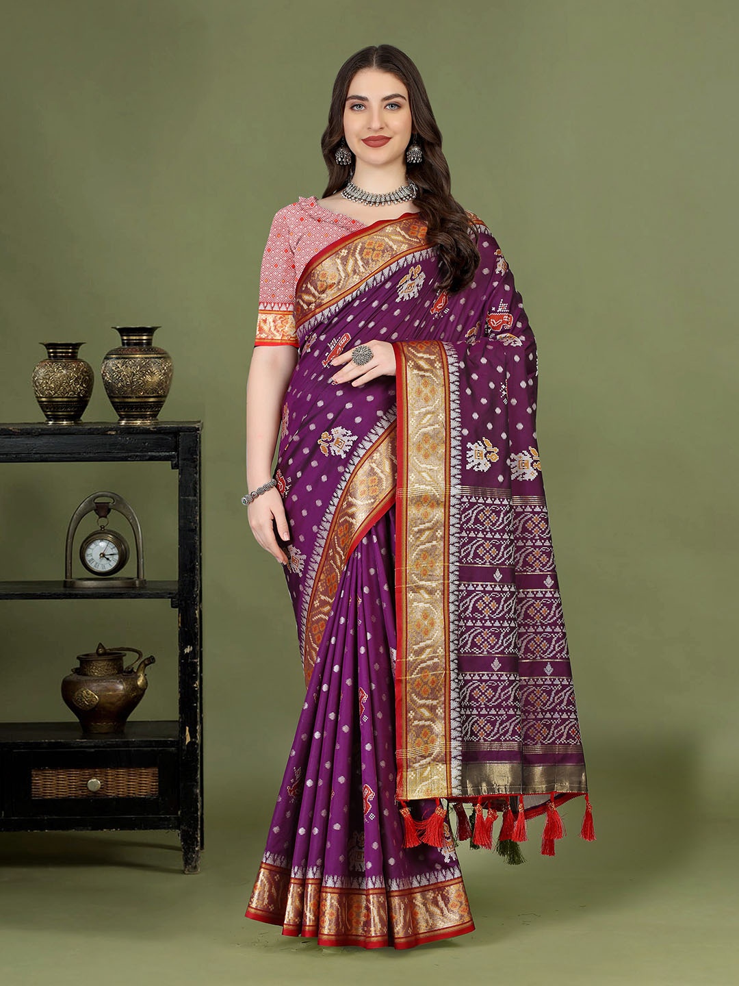 

YAVIRA SILK Ethnic Motifs Woven Design Zari Art Silk Designer Patola Saree, Magenta