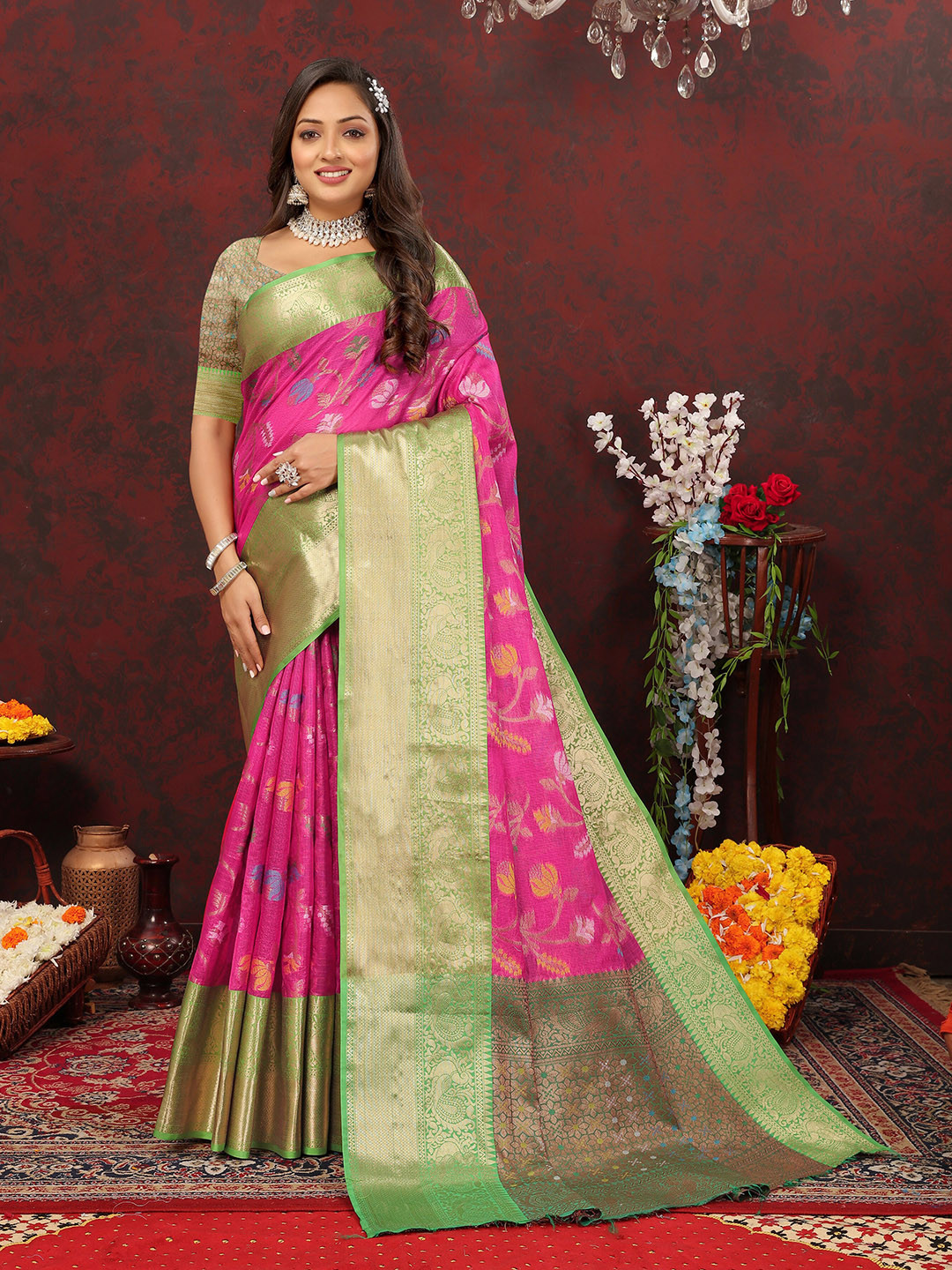 

YAVIRA SILK Floral Woven Design Zari Kota Saree, Pink