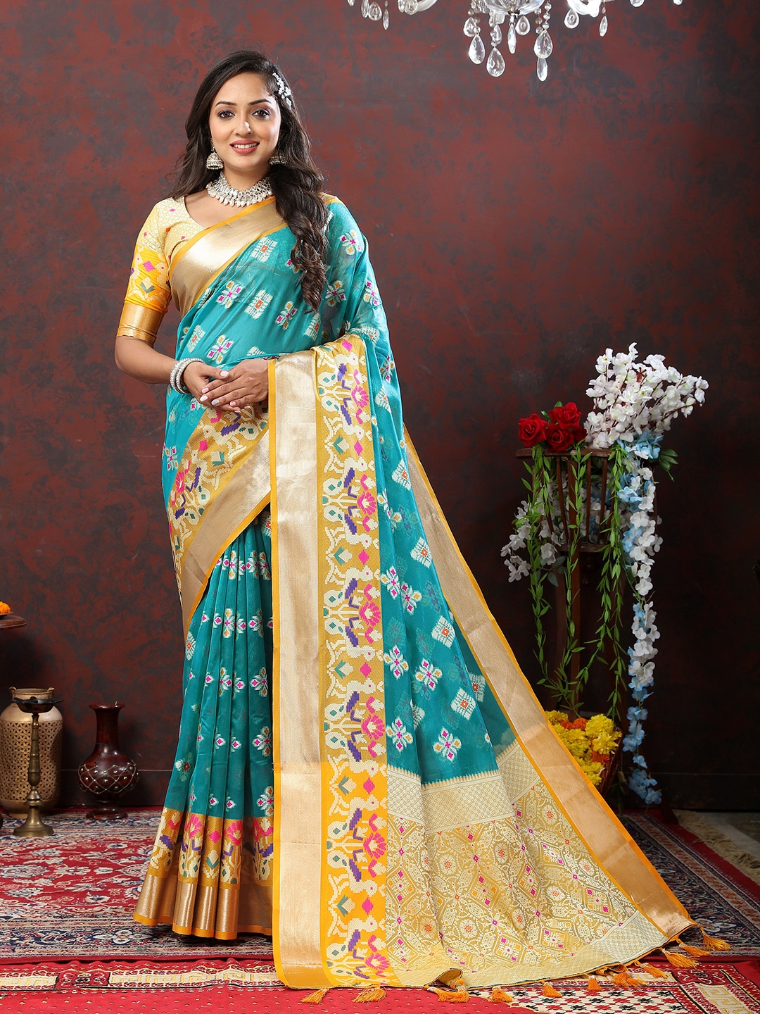 

YAVIRA SILK Ethnic Motifs Woven Design Zari Patola Saree With Tassels, Blue
