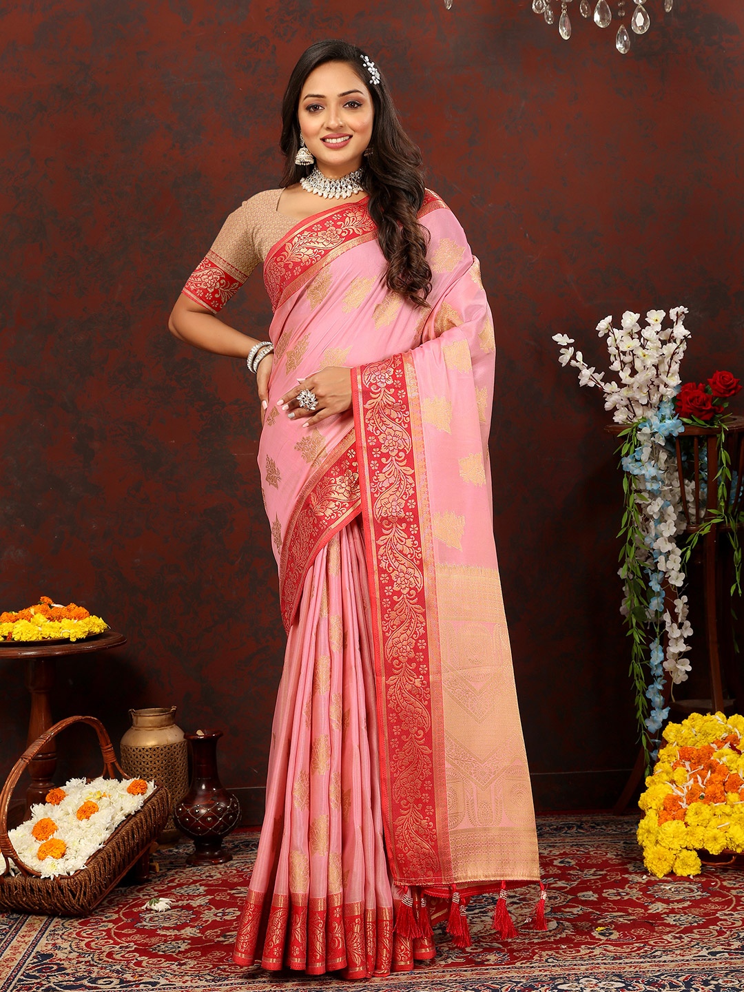 

YAVIRA SILK Ethnic Motifs Woven Design Zari Art Silk Kota Saree, Pink