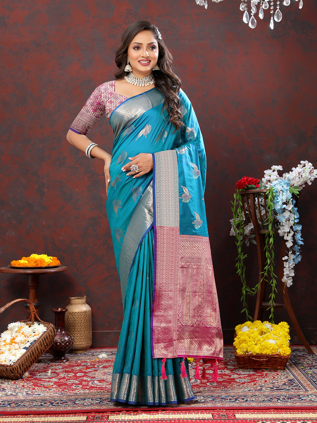 

YAVIRA SILK Ethnic Motifs Woven Design Zari Kota Saree With Tassels, Teal