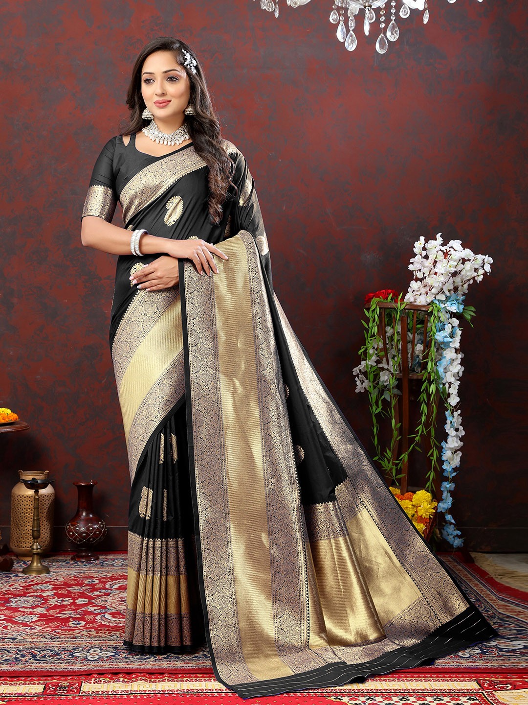 

YAVIRA SILK Ethnic Motifs Woven Design Zari Art Silk Banarasi Saree, Black