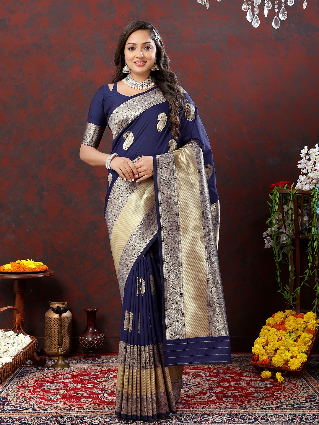 

YAVIRA SILK Ethnic Motifs Woven Design Zari Art Silk Banarasi Saree, Navy blue