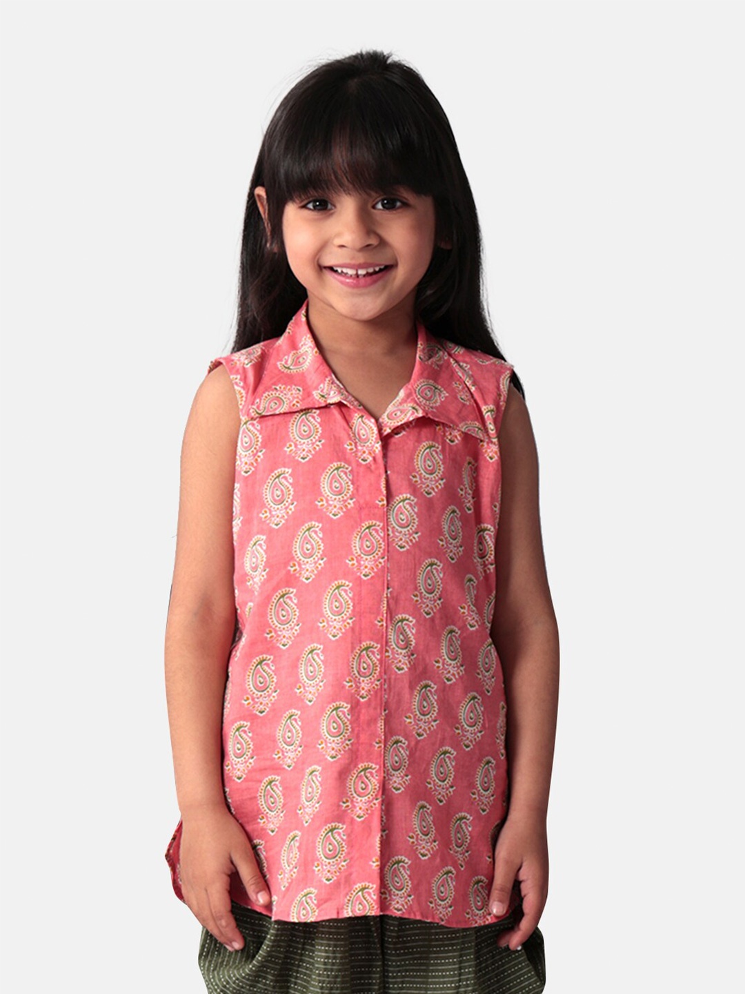 

Sangria Girls Ethnic Motifs Printed Pure Cotton Shirt Style Top, Pink