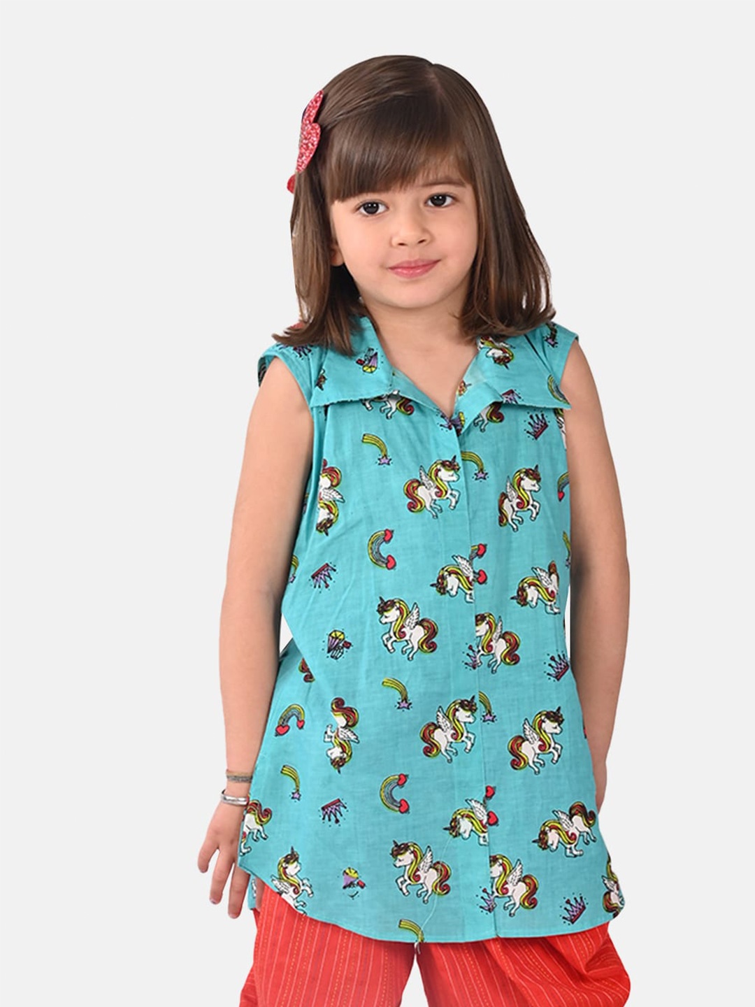 

Sangria Girls Unicorn Printed Pure Cotton Shirt Style Top, Blue