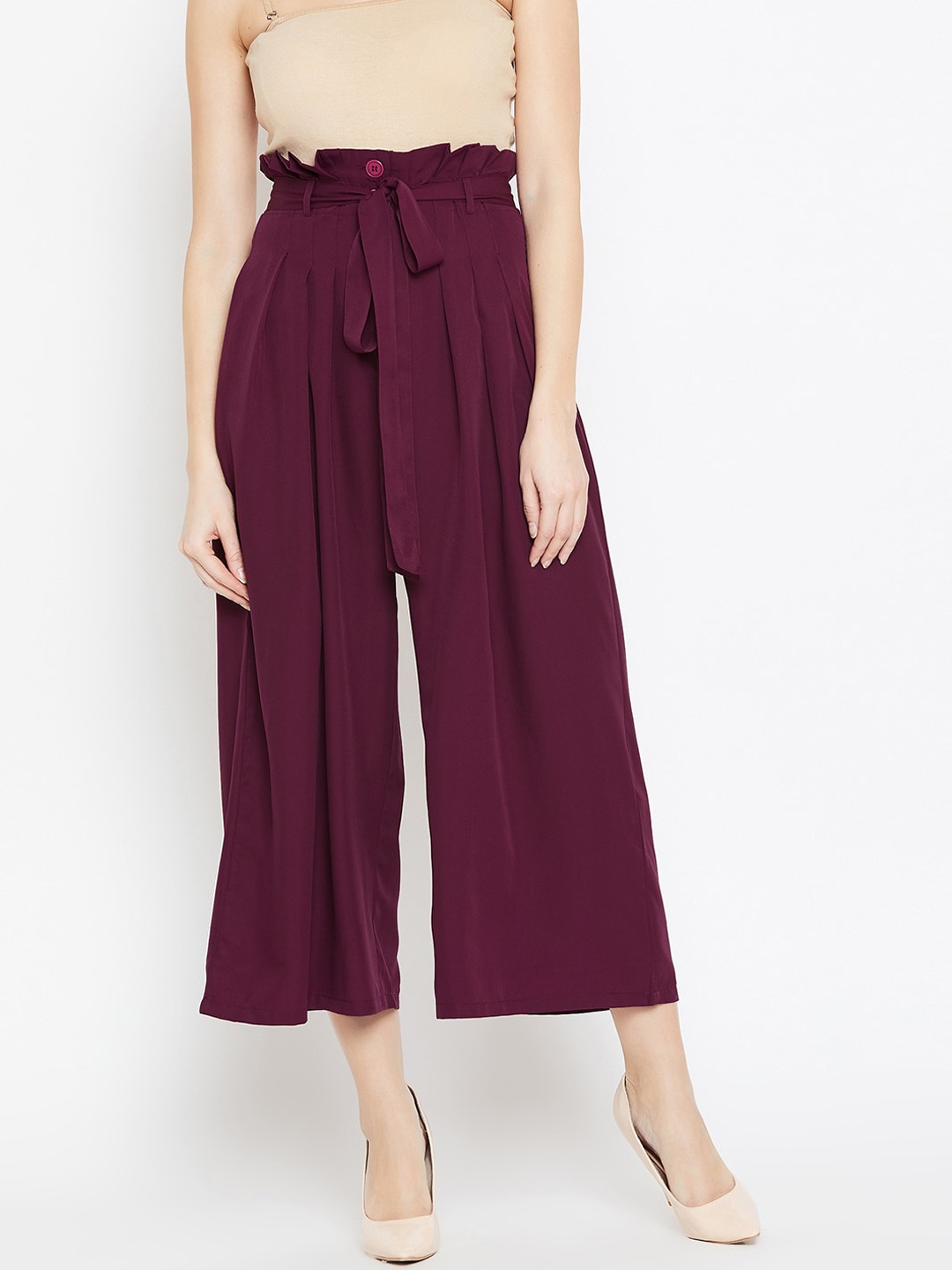 

Bitterlime Women Relaxed High-Rise Pleated Culottes Trouser, Burgundy