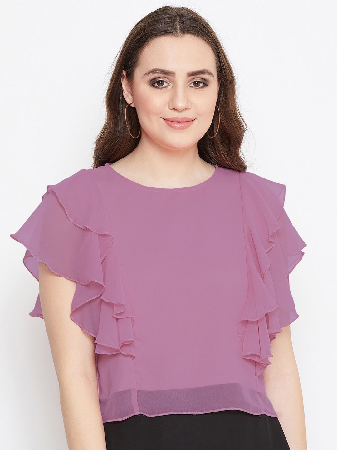 

Bitterlime Flutter Sleeves Ruffled Georgette Top, Mauve