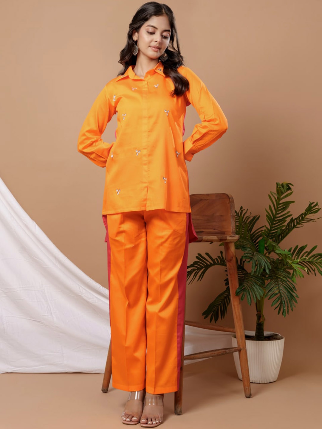 

WEAVLLITE Colourblocked Pure Cotton Shirt & Trouser, Orange