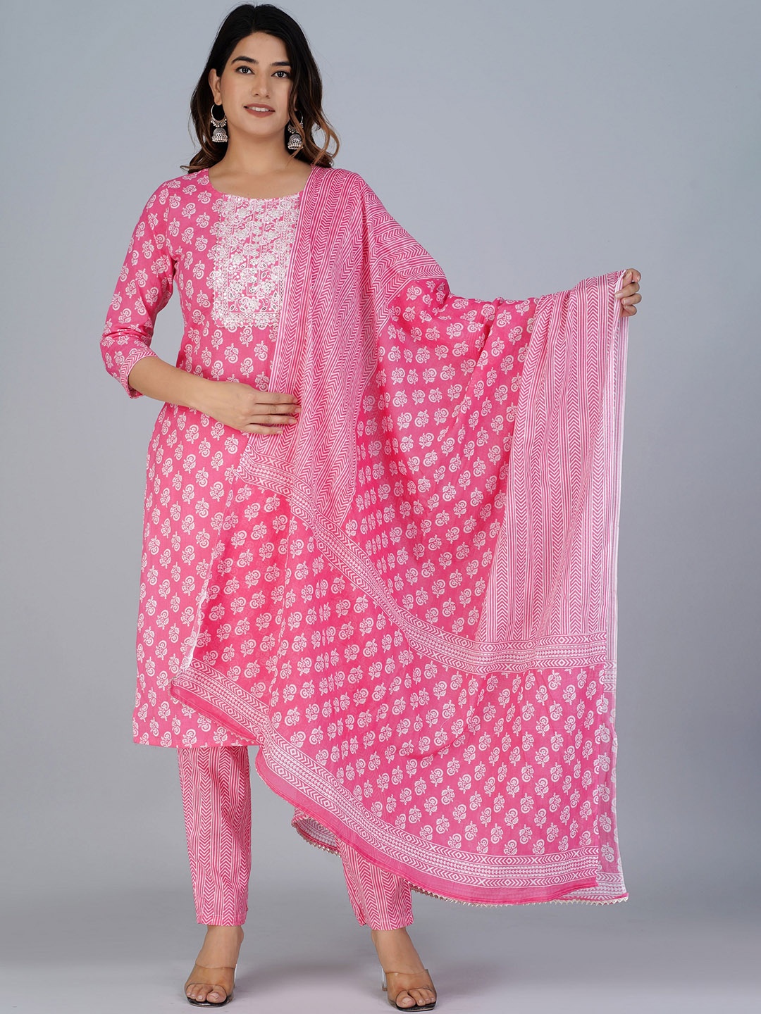 

KALINI Floral Printed Thread Work Kurta with Trousers & Dupatta, Pink