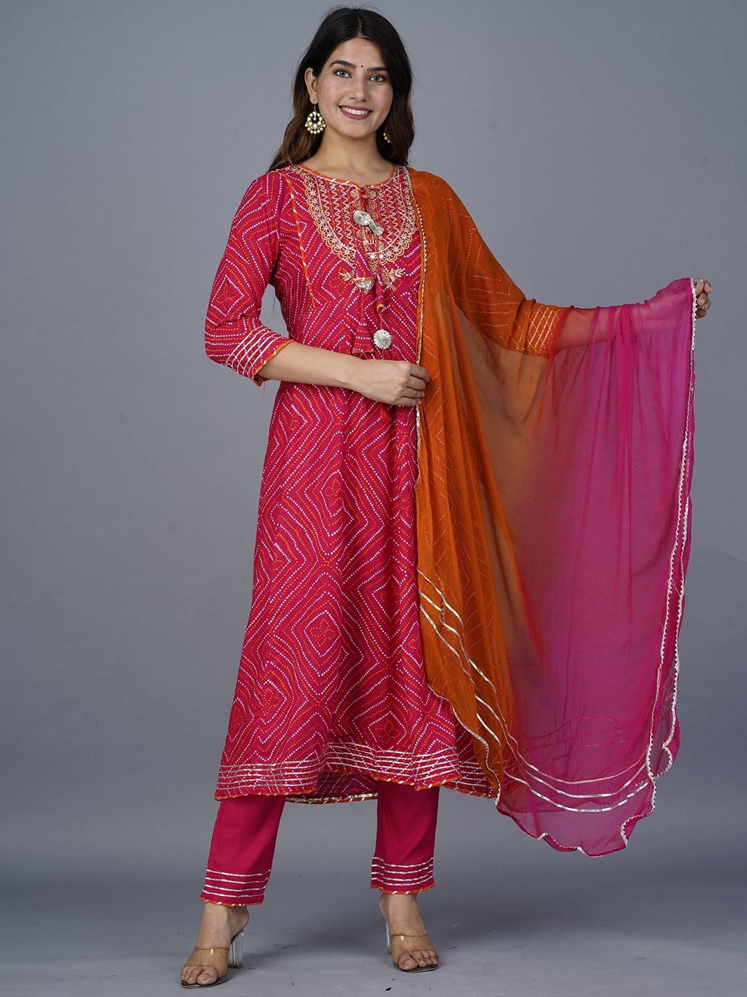 

KALINI Bandhani Printed Mirror Work Anarkali Kurta With Trousers & Dupatta, Pink
