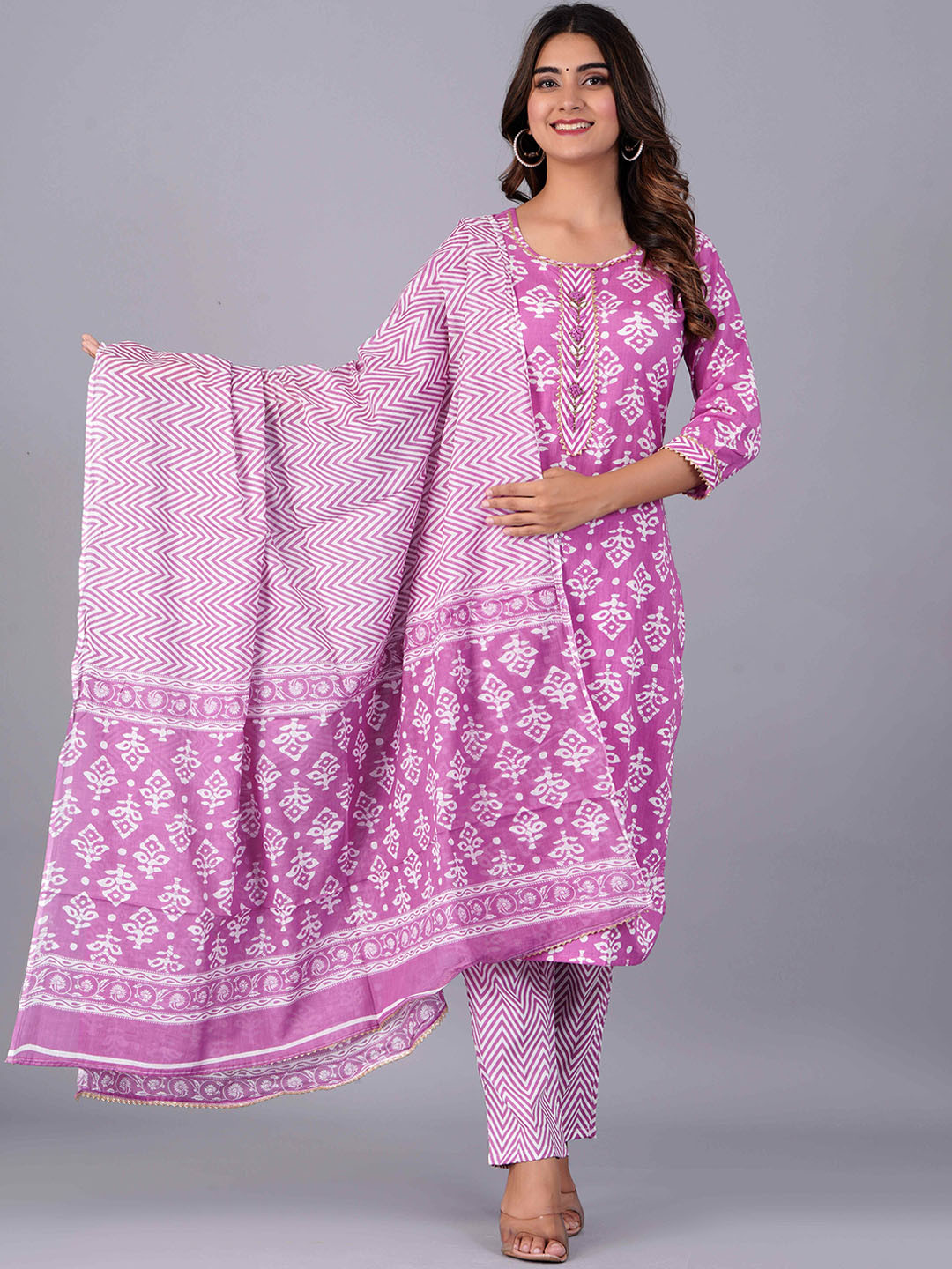 

KALINI Floral Printed Regular Gotta Patti Kurta With Trousers & Dupatta, Purple