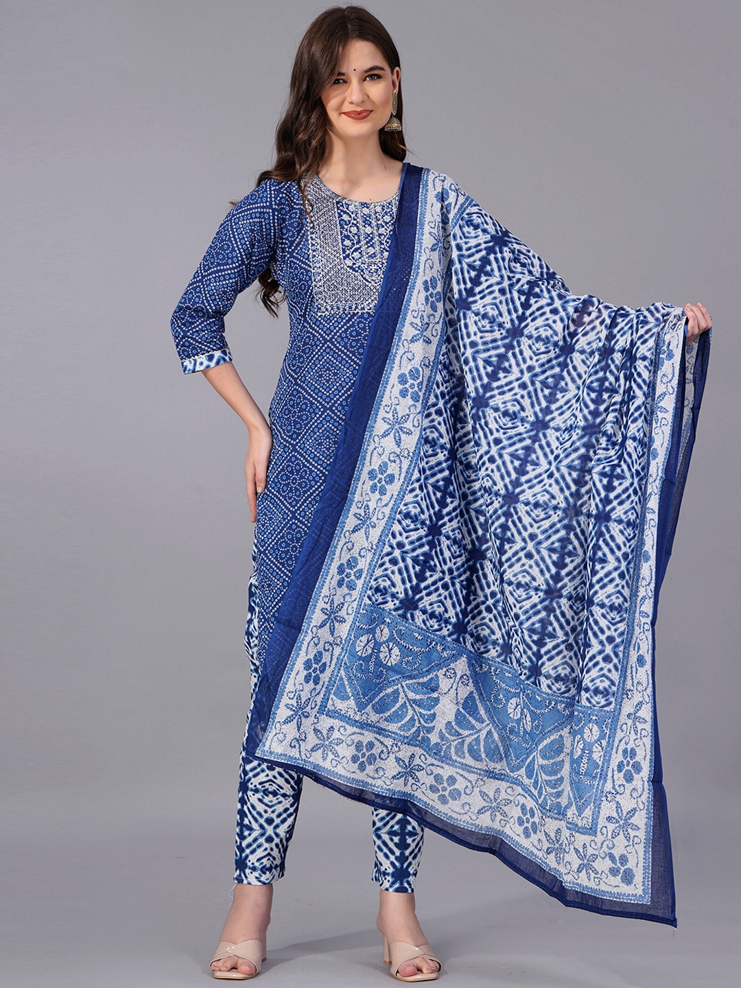 

KALINI Bandhani Printed Thread Work Kurta with Trousers & Dupatta, Blue