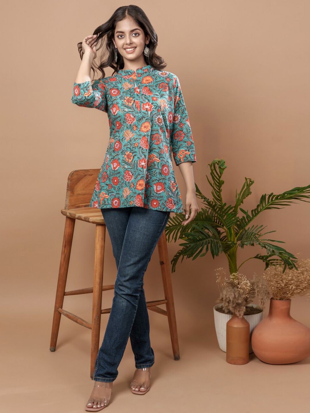 

WEAVLLITE Floral Printed Mandarin Collar Cotton Tunic, Teal