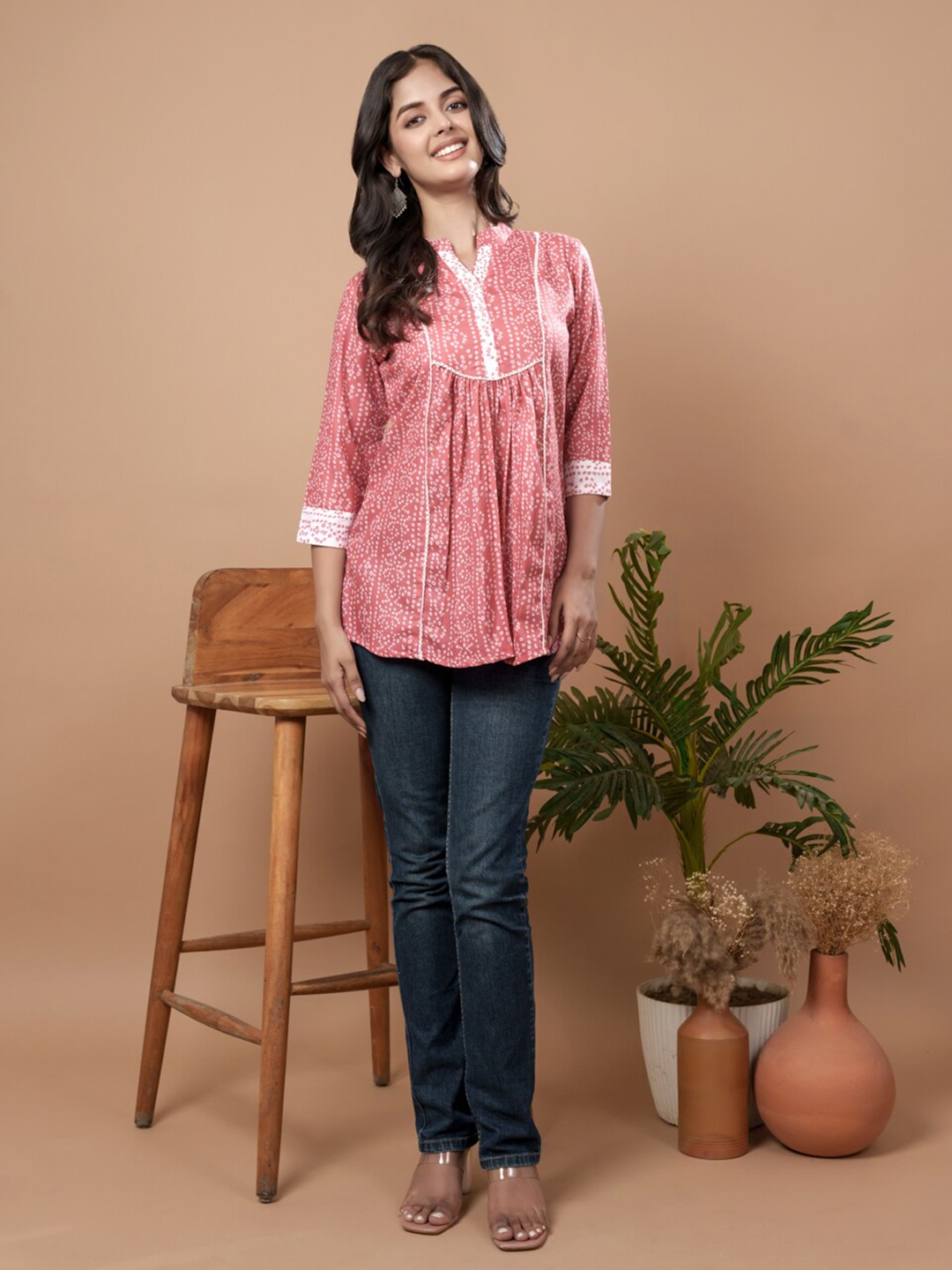 

WEAVLLITE Ethnic Motifs Printed Mandarin Collar Cotton Tunic, Red