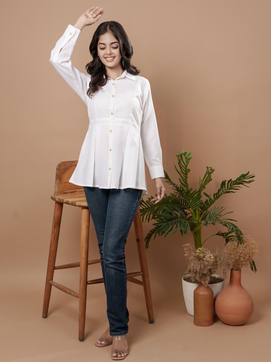 

WEAVLLITE Shirt Collar Cotton Tunic, White