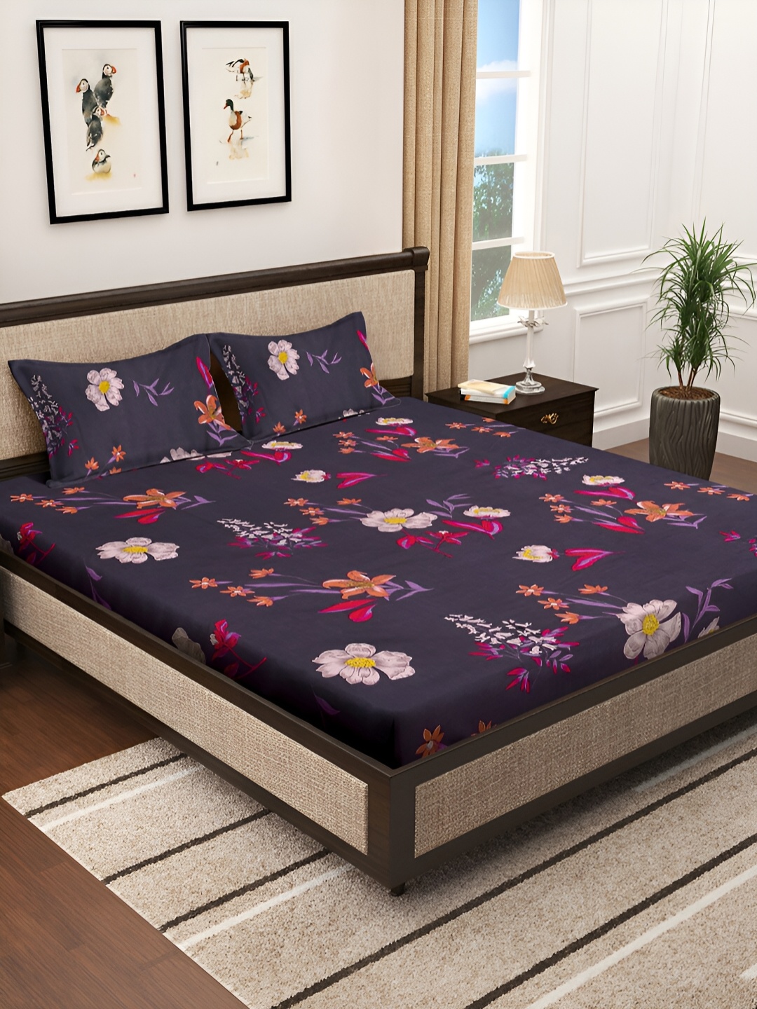 

KLOTTHE Purple & Pink Floral Printed 300 TC King Bedsheet With 2 Pillow Covers, Navy blue