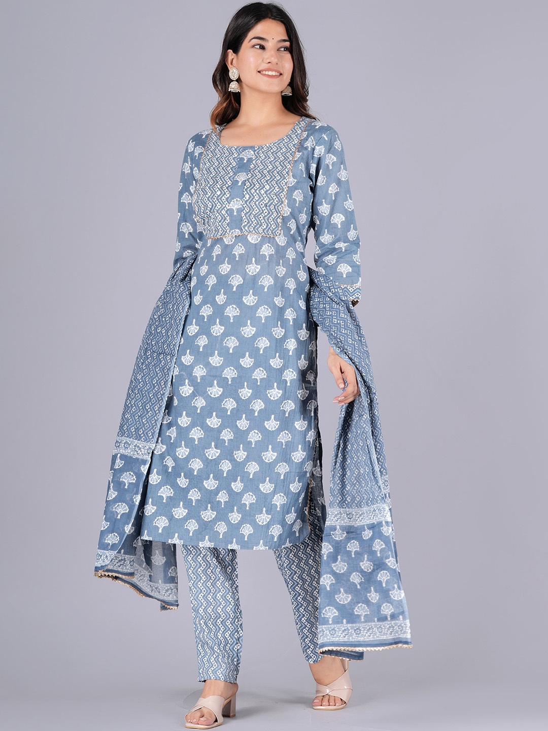 

KALINI Ethnic Motifs Printed Kurta With Trouser & Dupatta, Grey