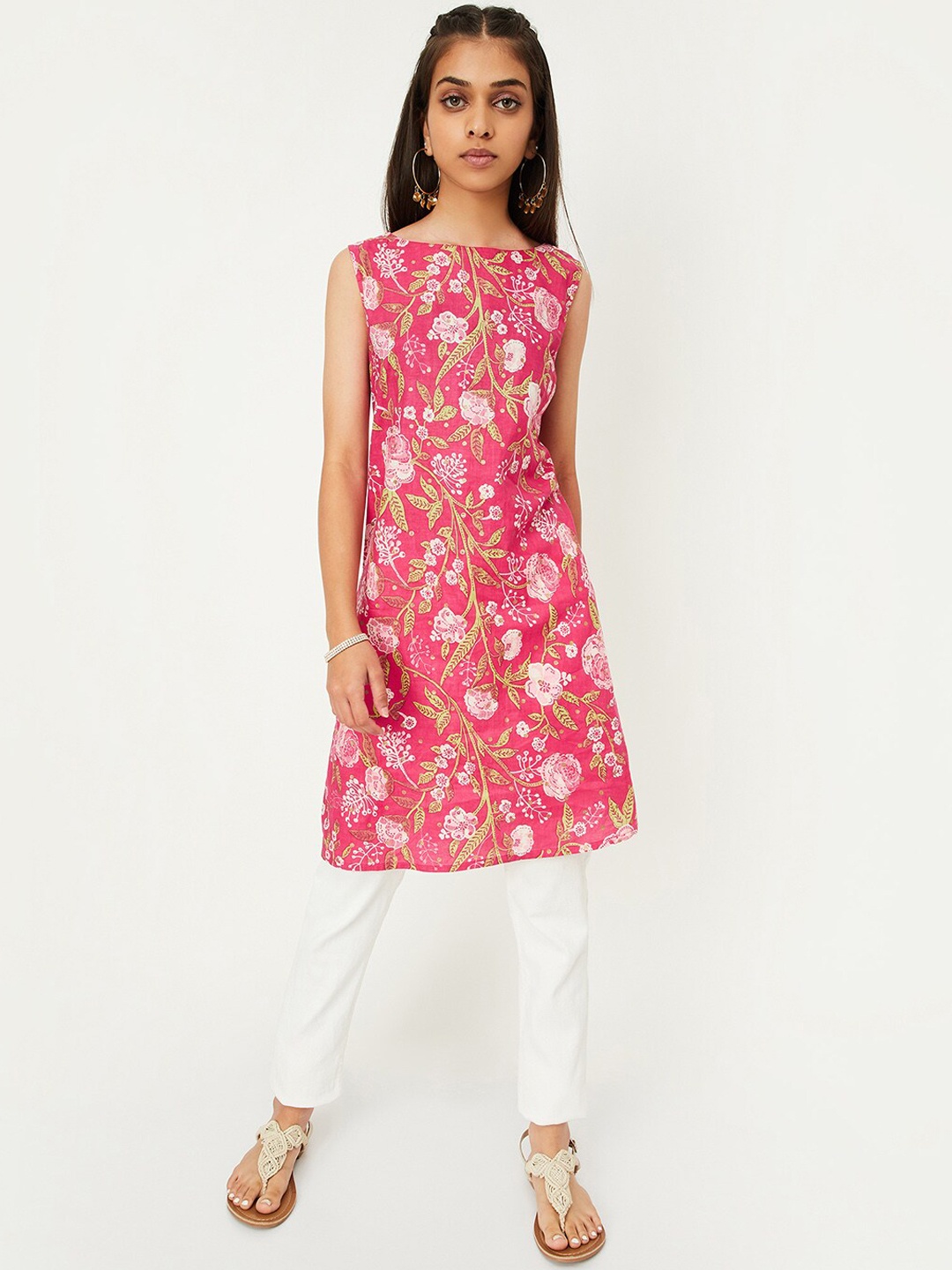 

max Girls Floral Printed Round Neck Sleeveless Cotton Kurta, Pink