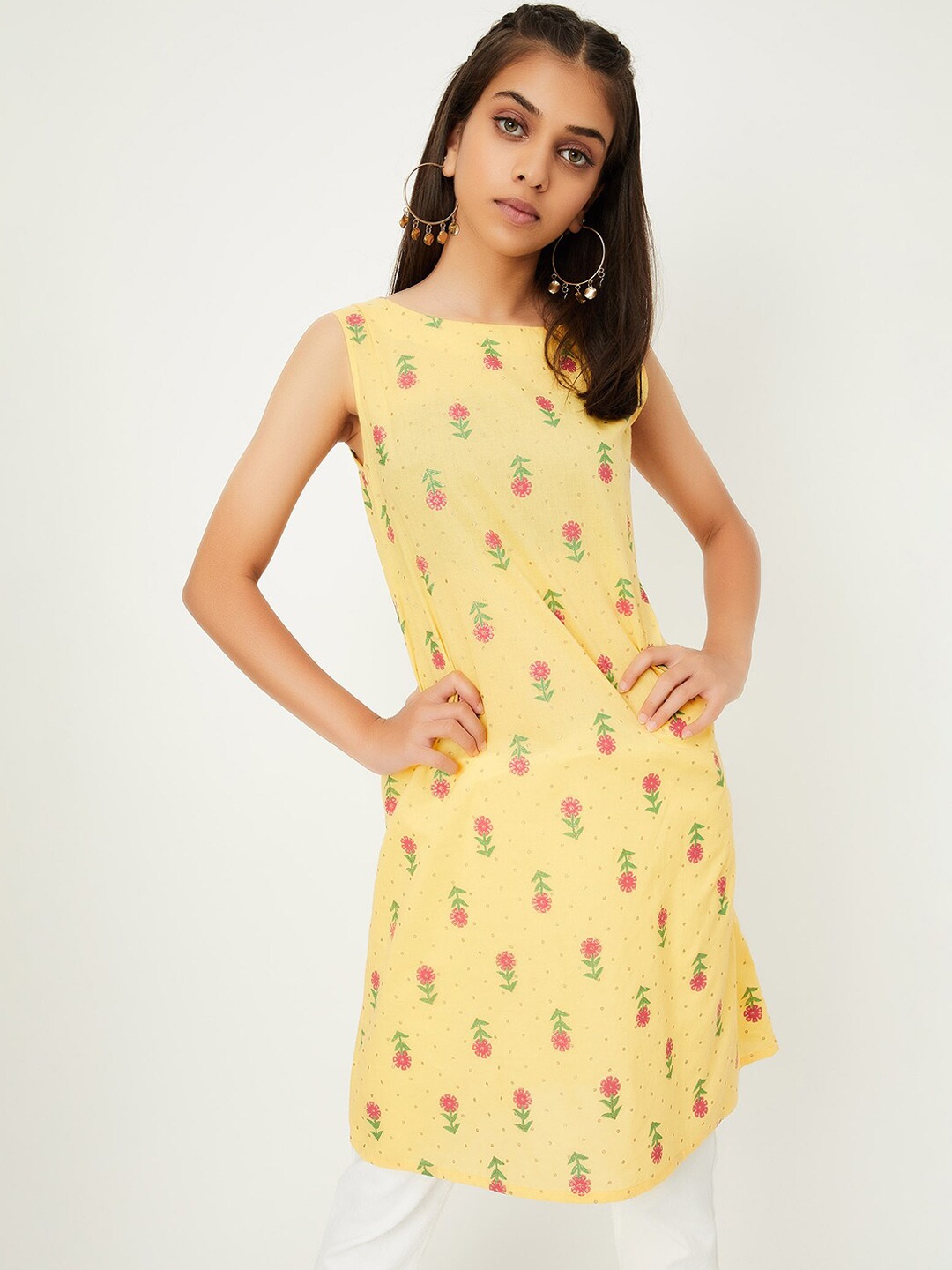 

max Girls Floral Round Neck Sleeveless Cotton Kurta, Yellow