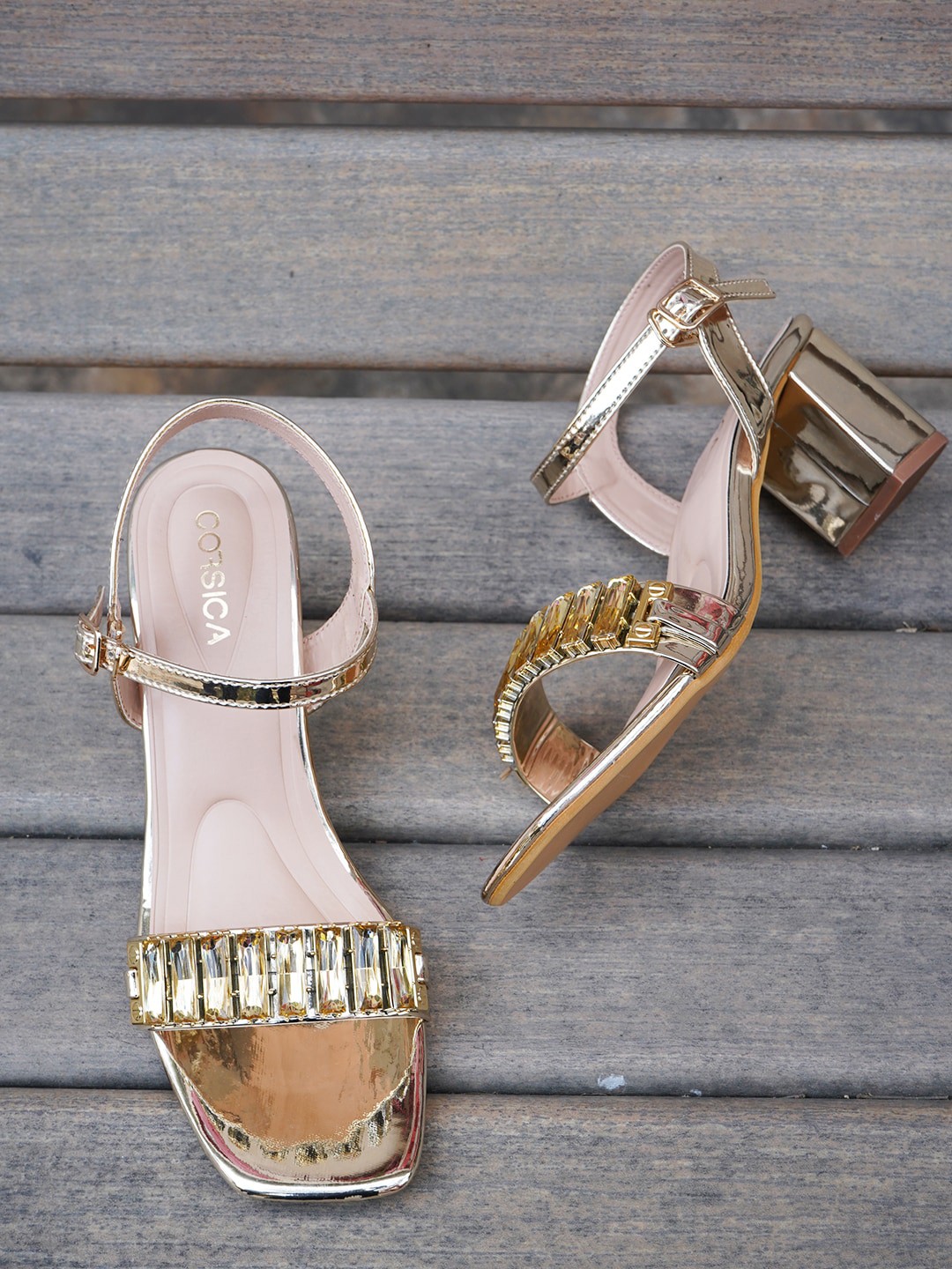 

CORSICA Embellished Open Toe Block Heels, Gold