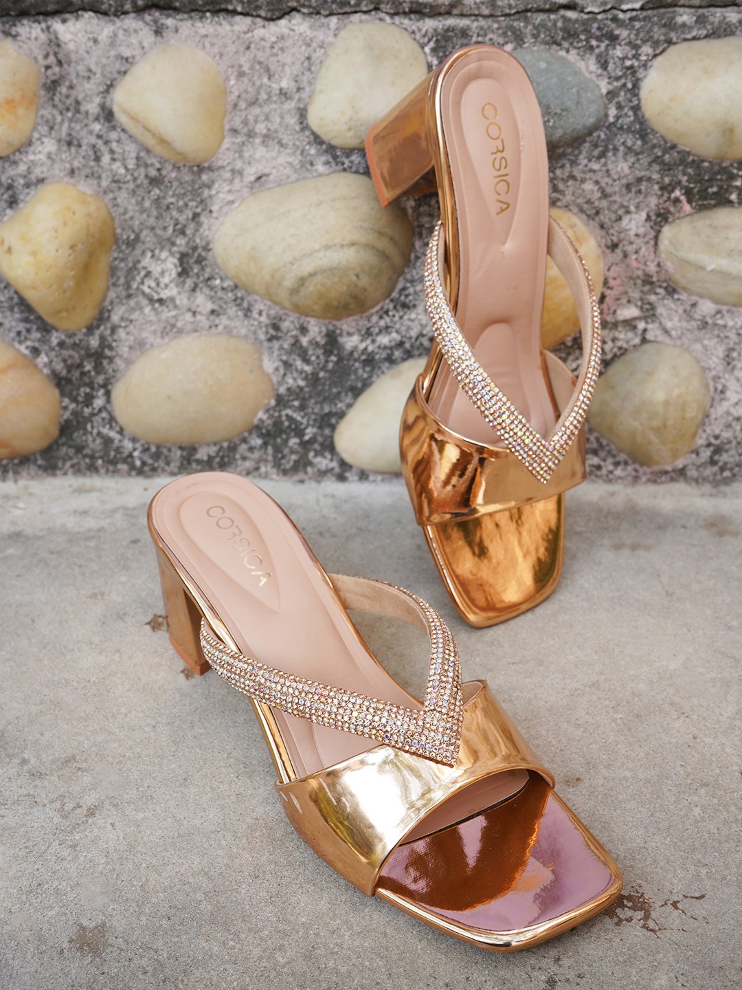 

CORSICA Embellished Open Toe Block Heels, Rose gold