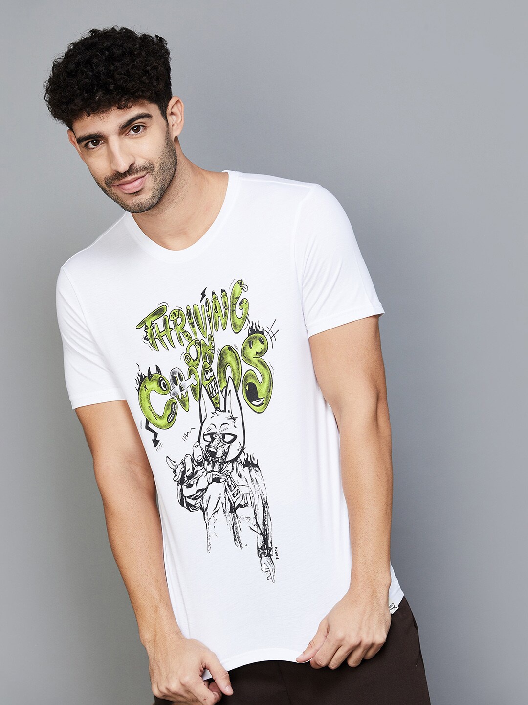 

Forca by Lifestyle Printed Round Short Sleeves Cotton Slim Fit T-shirt, White