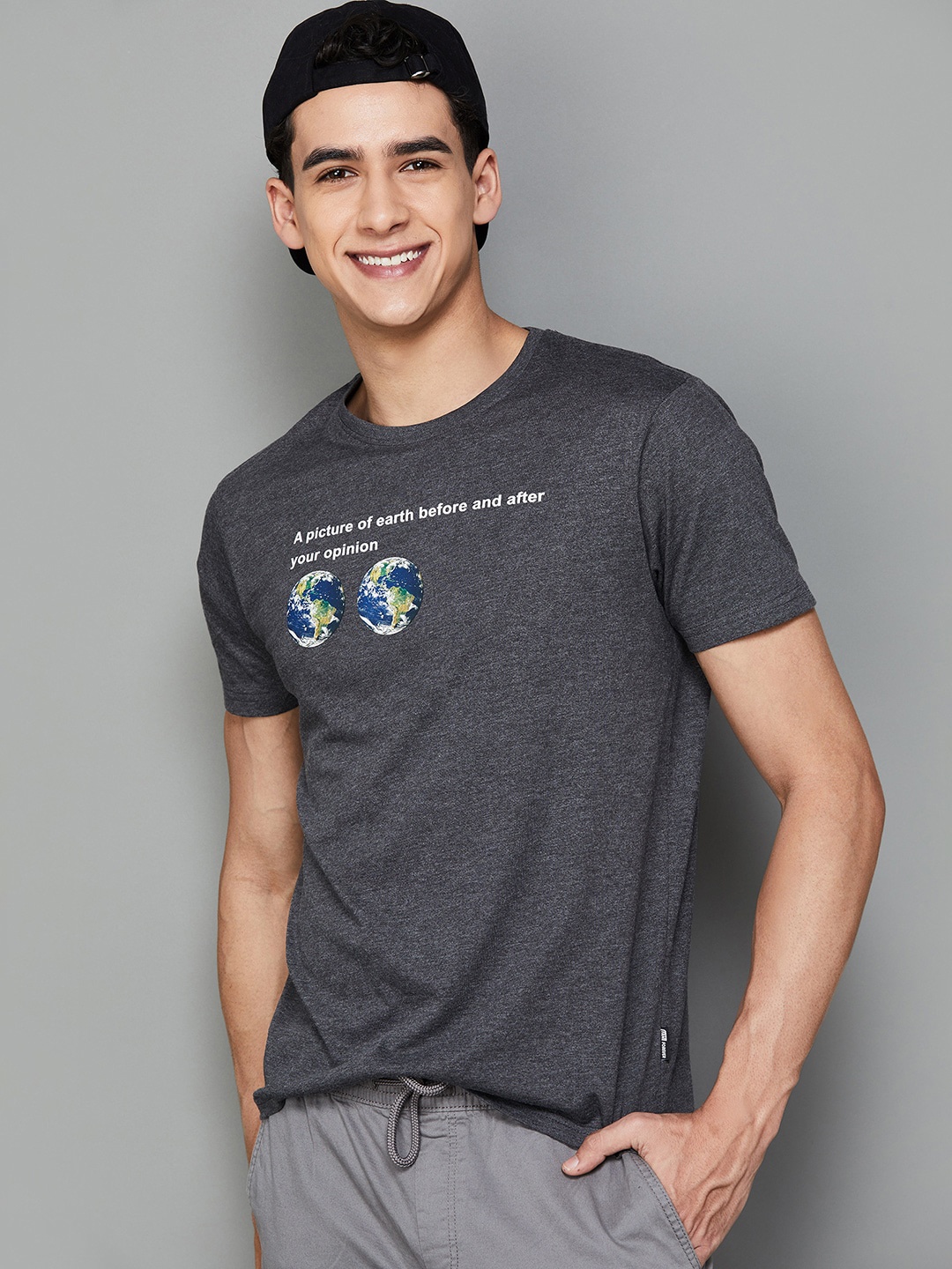 

Fame Forever by Lifestyle Typography Printed Round Short Sleeves Cotton Slim Fit T-shirt, Grey melange