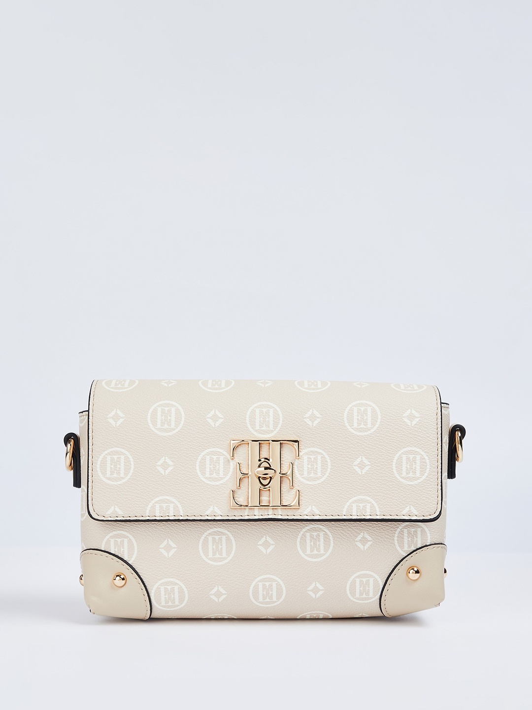 

ELLE Typography Printed Zip Detail PU Structured Sling Bag, Beige