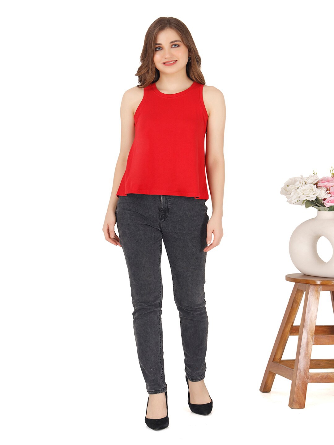 

VISO Round Neck Sleeveless A Line Top, Red